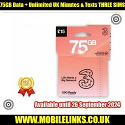 75GB Data Three Supercharged SIMS 5G Ready with Unlimited UK Minutes & Texts